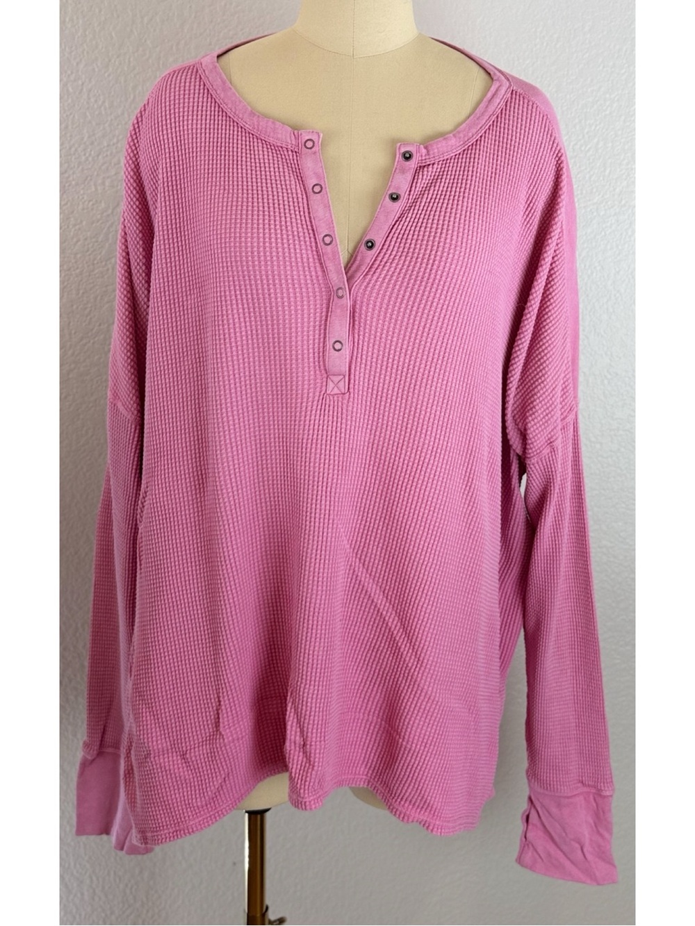 Aerie Offline Women's Oversized Pink Waffle Knit Henley Top size XXL